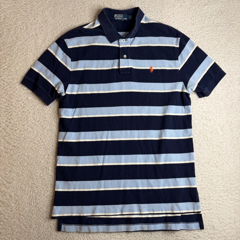 Polo Ralph Lauren Mens Large Blue Striped Pique Polo Shirt Orange Pony